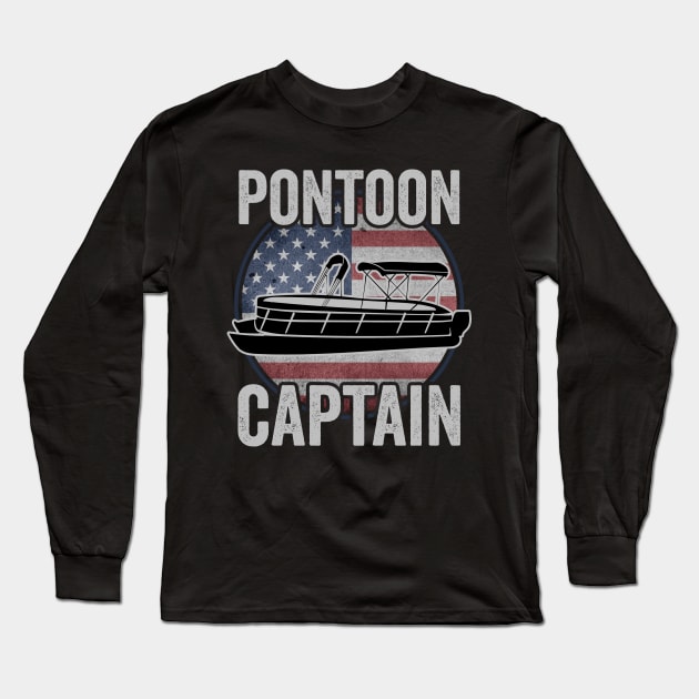 Pontoon Captain Funny Pontoon Boat USA American Flag Long Sleeve T-Shirt by Visual Vibes
